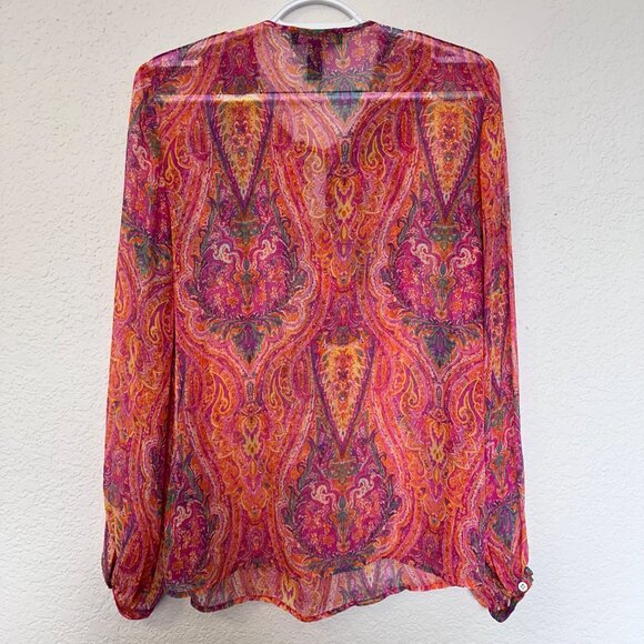 LRL Ralph Lauren Silk Chiffon Sheer Paisley Blouse Top Size M Petite Multicolor - Picture 2 of 12